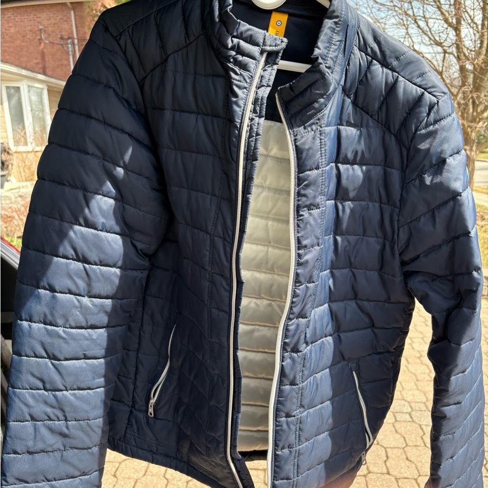 Blue Quilted Puffer Jacket with Stand-Up Collar
